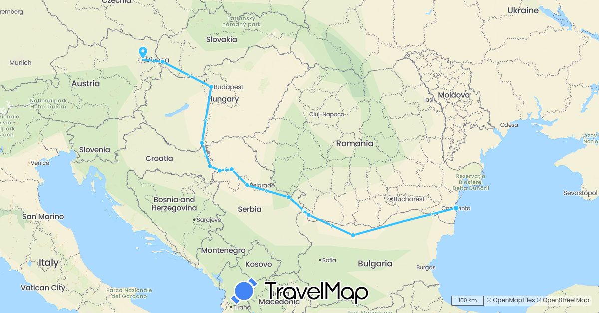 TravelMap itinerary: driving, boat in Austria, Bulgaria, Croatia, Hungary, Romania, Serbia, Slovakia (Europe)