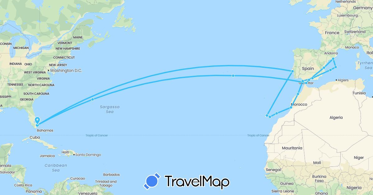 TravelMap itinerary: plane, boat in Bermuda, Spain, Gibraltar, Morocco, Portugal, United States (Africa, Europe, North America)